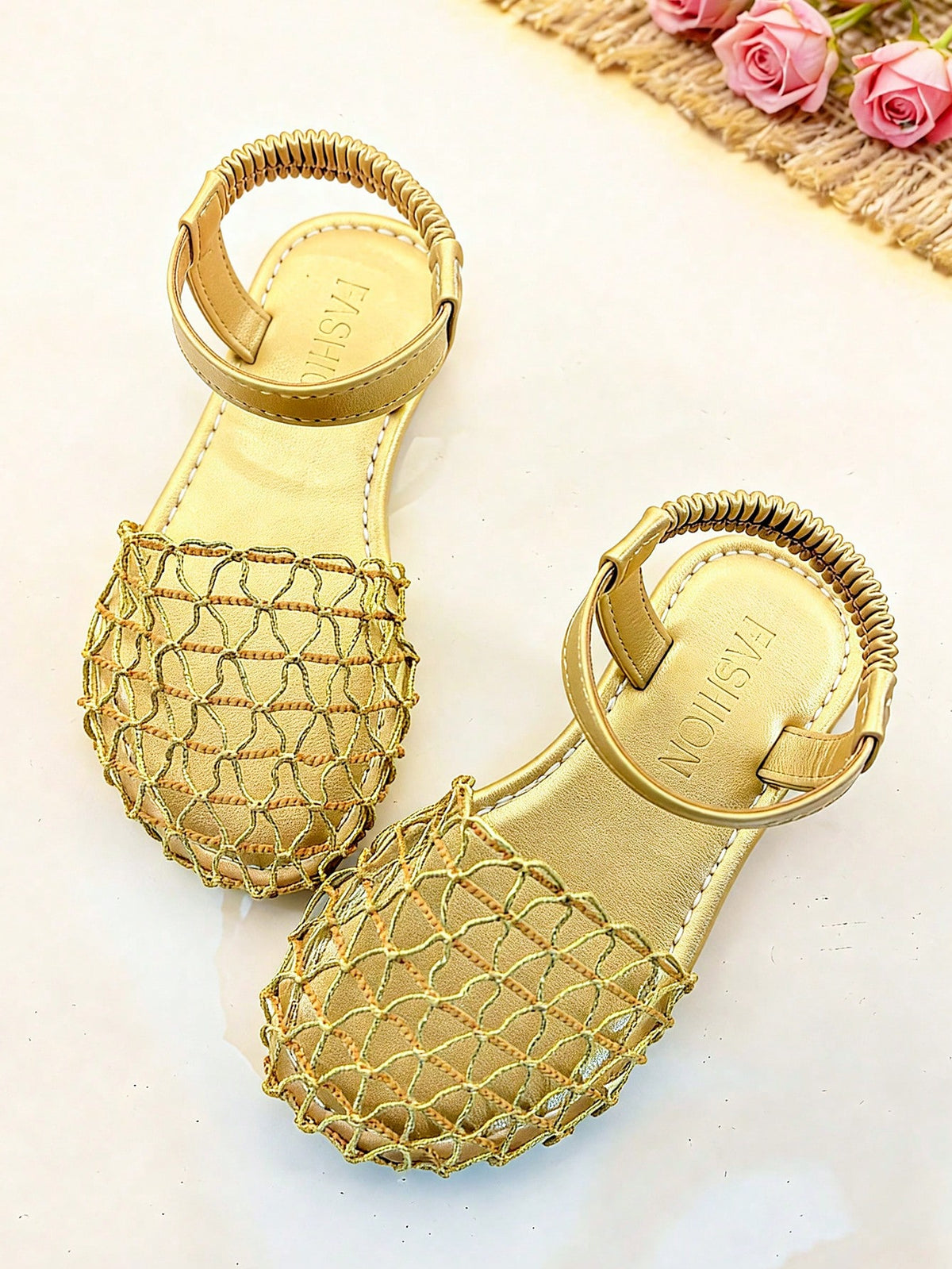 1 Pair Girls' Sandals, Gold Woven Mesh, Children's Bohemian Style Flat Princess Shoes, Suitable For Summer Party, Beach, Daily Wear