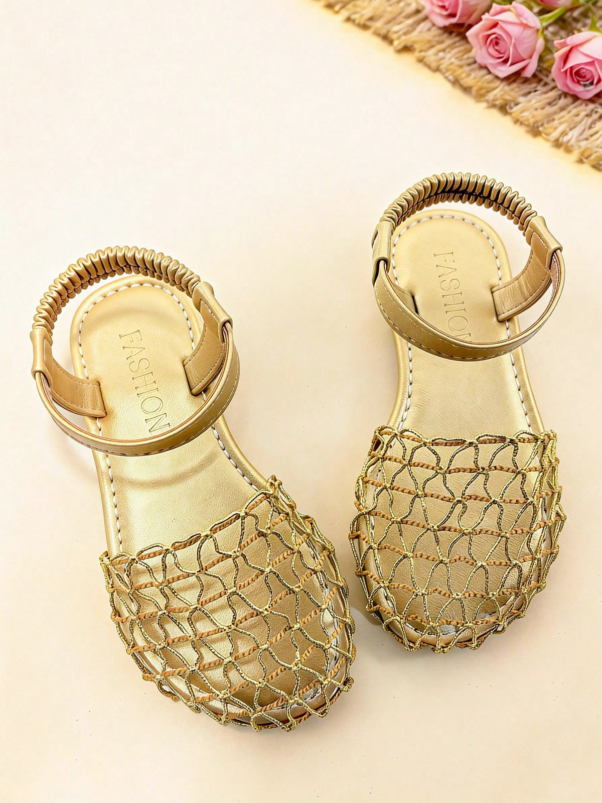 1 Pair Girls' Sandals, Gold Woven Mesh, Children's Bohemian Style Flat Princess Shoes, Suitable For Summer Party, Beach, Daily Wear