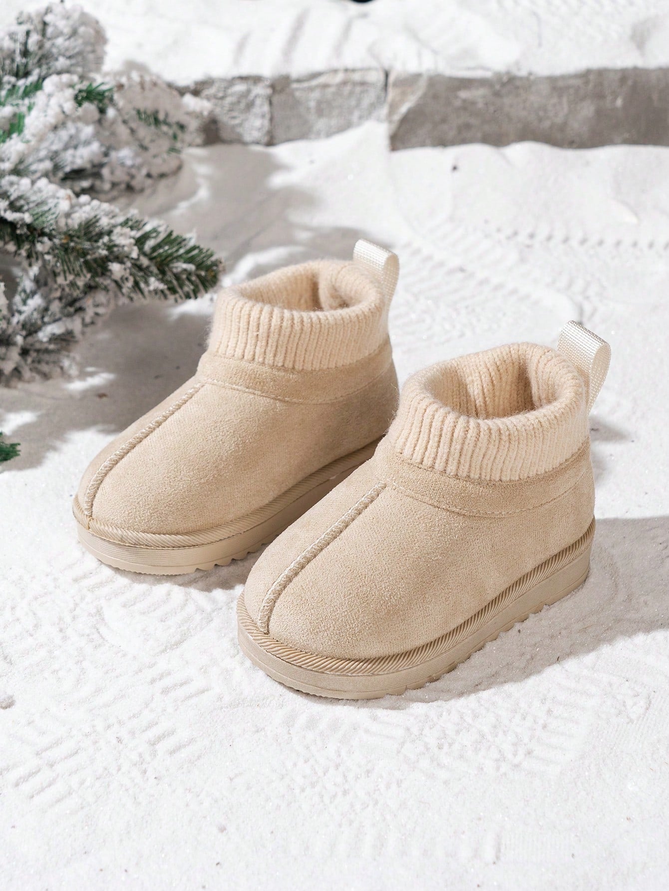 1 Pair Kids Korean Style Minimalist Knitted Collar Snow Boots, Fashionable Versatile Slip-Resistant Ankle Boots For Toddlers