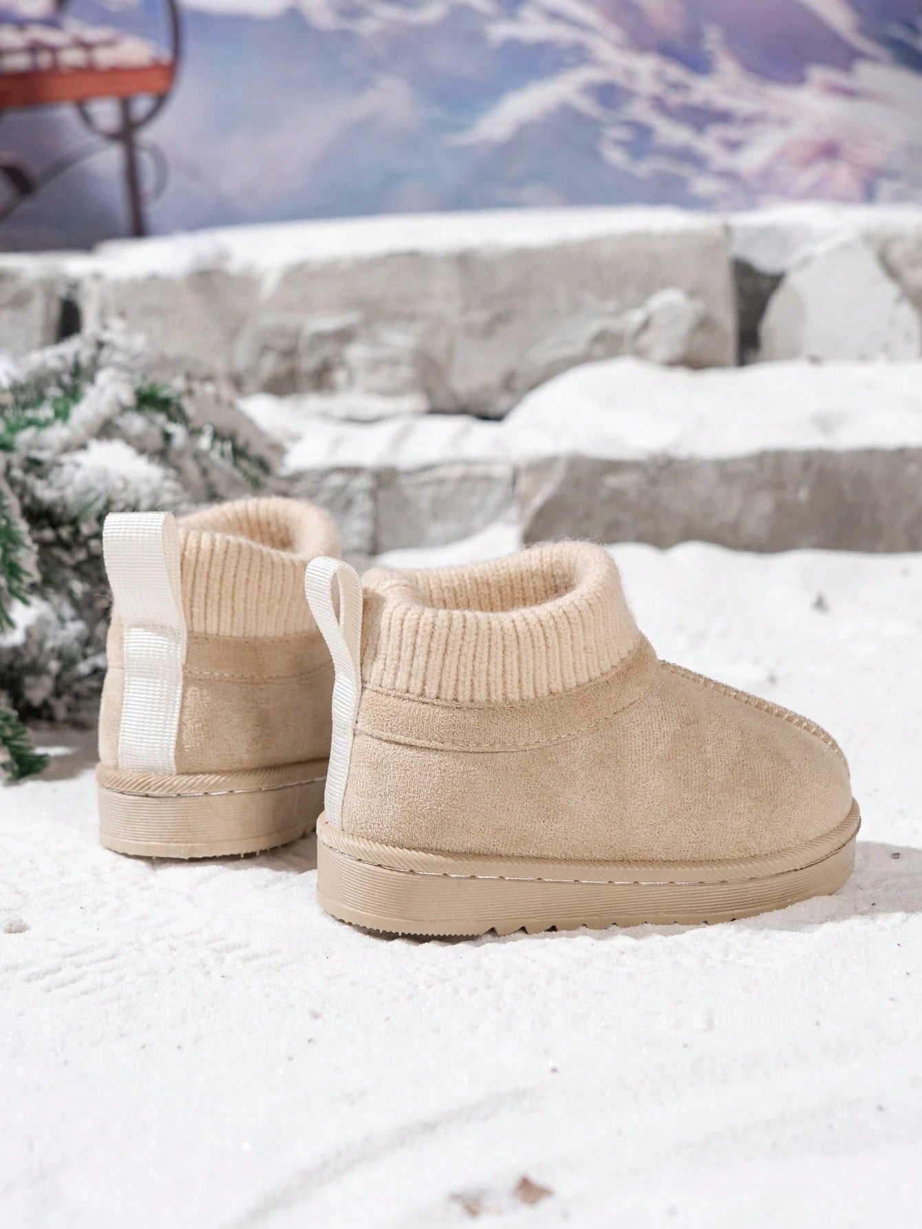 1 Pair Kids Korean Style Minimalist Knitted Collar Snow Boots, Fashionable Versatile Slip-Resistant Ankle Boots For Toddlers