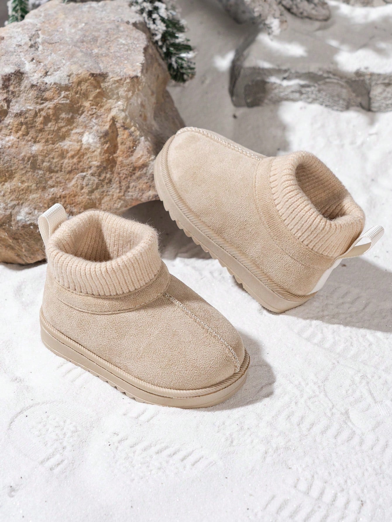 1 Pair Kids Korean Style Minimalist Knitted Collar Snow Boots, Fashionable Versatile Slip-Resistant Ankle Boots For Toddlers