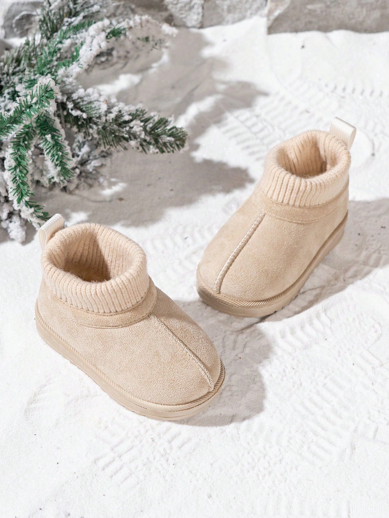 1 Pair Kids Korean Style Minimalist Knitted Collar Snow Boots, Fashionable Versatile Slip-Resistant Ankle Boots For Toddlers