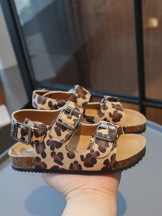 1 Pair Kids' Leopard Patterned, Embossed PU Sandals With Hook And Loop Strap, Non-Slip, Soft Flat Bottomed, Casual Summer Beach Fashion Shoes