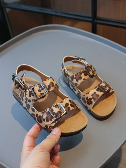 1 Pair Kids' Leopard Patterned, Embossed PU Sandals With Hook And Loop Strap, Non-Slip, Soft Flat Bottomed, Casual Summer Beach Fashion Shoes