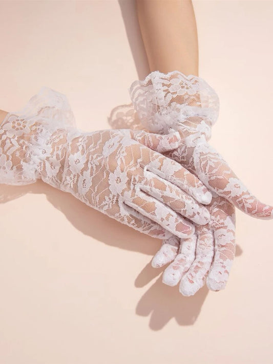 1 Pair Women's Sexy Party Dress Gloves, Rose And Lace Design Ruffle Bridal Gloves
