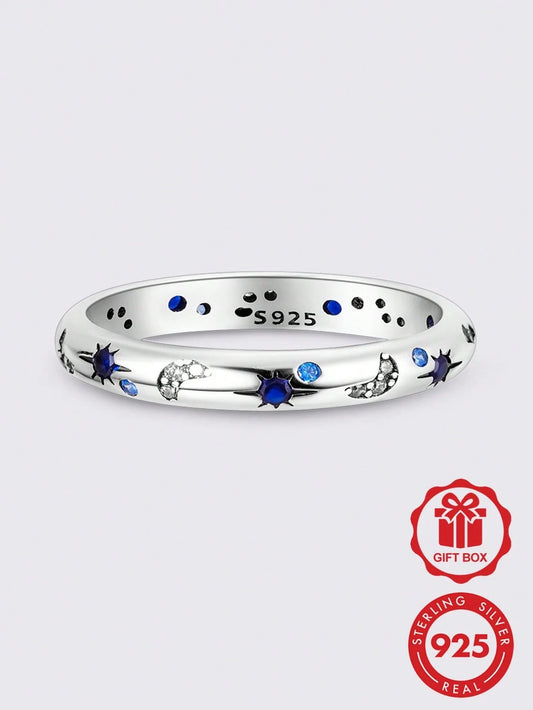 1 Pc Original 925 Sterling Silver Rings For Women 4-10 Sizes Class Star Moon Pattern Cubic Zirconia Stackable Elegance Jewelry Gifts Fits Daily Party