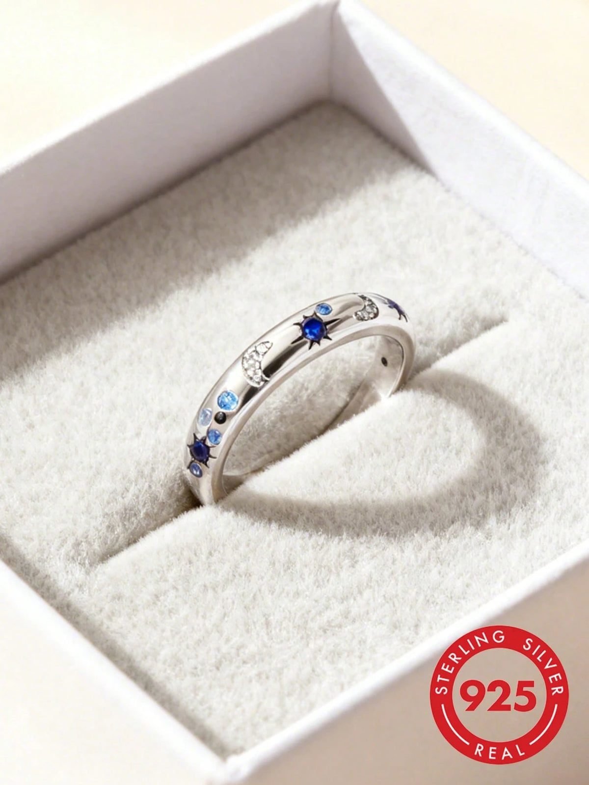 1 Pc Original 925 Sterling Silver Rings For Women 4-10 Sizes Class Star Moon Pattern Cubic Zirconia Stackable Elegance Jewelry Gifts Fits Daily Party