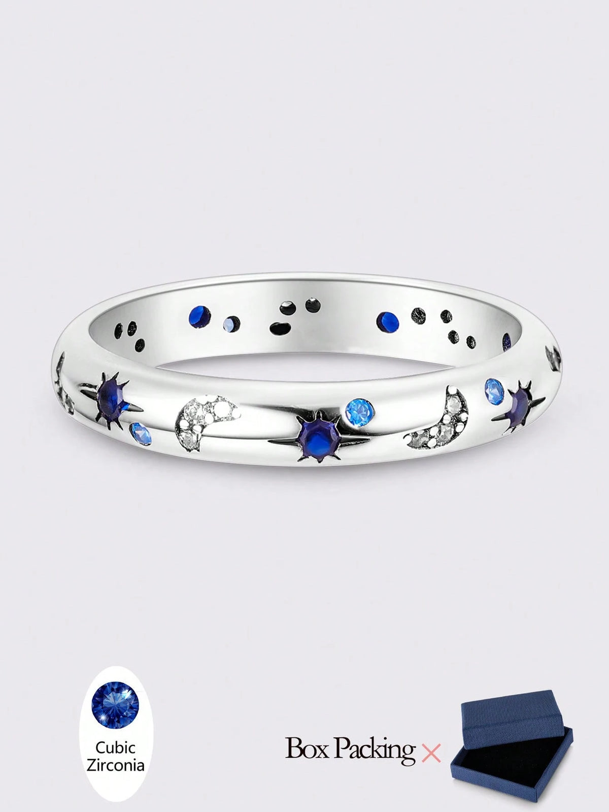 1 Pc Original 925 Sterling Silver Rings For Women 4-10 Sizes Class Star Moon Pattern Cubic Zirconia Stackable Elegance Jewelry Gifts Fits Daily Party