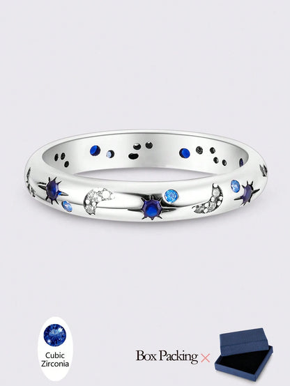 1 Pc Original 925 Sterling Silver Rings For Women 4-10 Sizes Class Star Moon Pattern Cubic Zirconia Stackable Elegance Jewelry Gifts Fits Daily Party