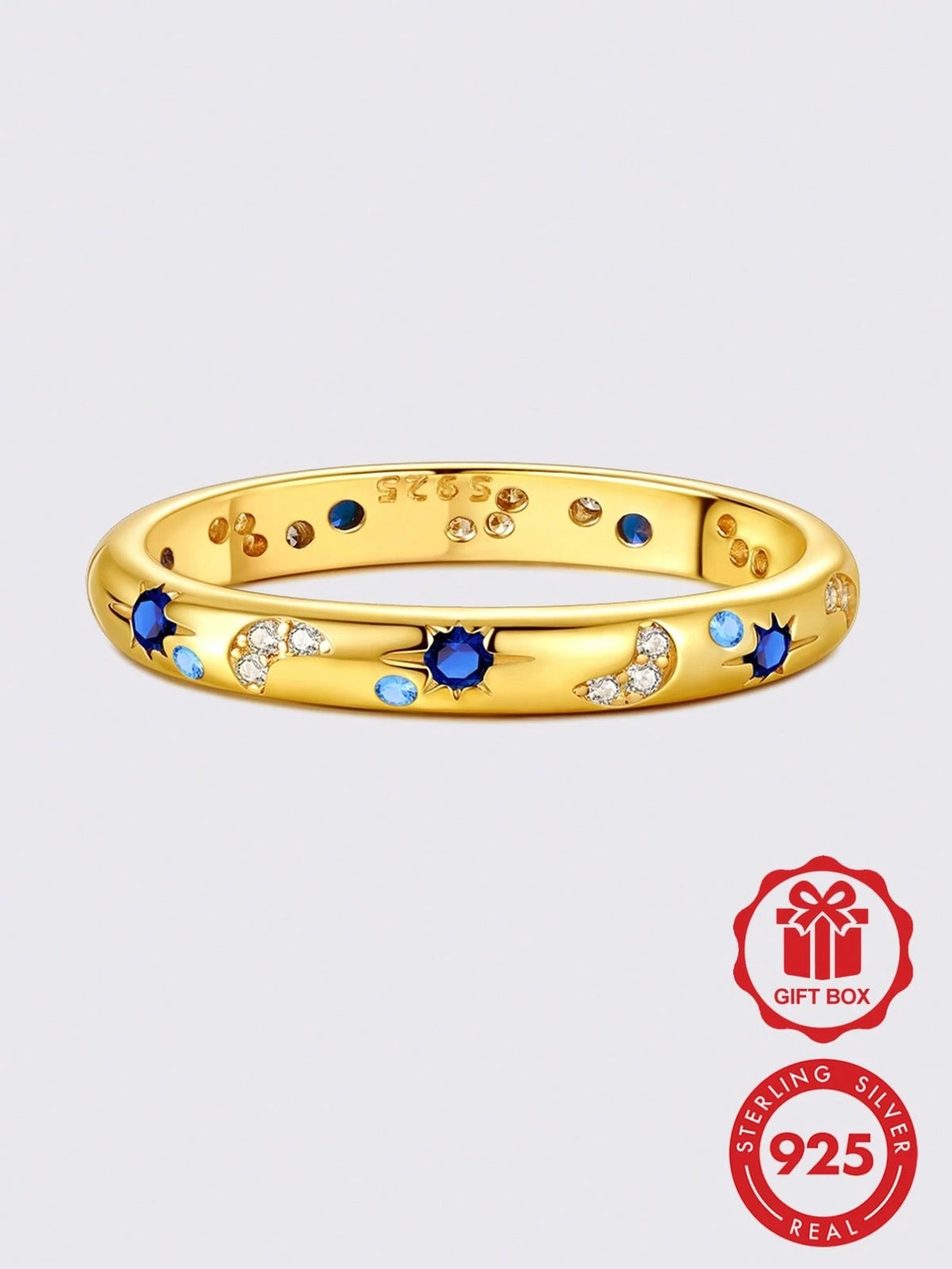 1 Pc Original 925 Sterling Silver Rings For Women 4-10 Sizes Class Star Moon Pattern Cubic Zirconia Stackable Elegance Jewelry Gifts Fits Daily Party
