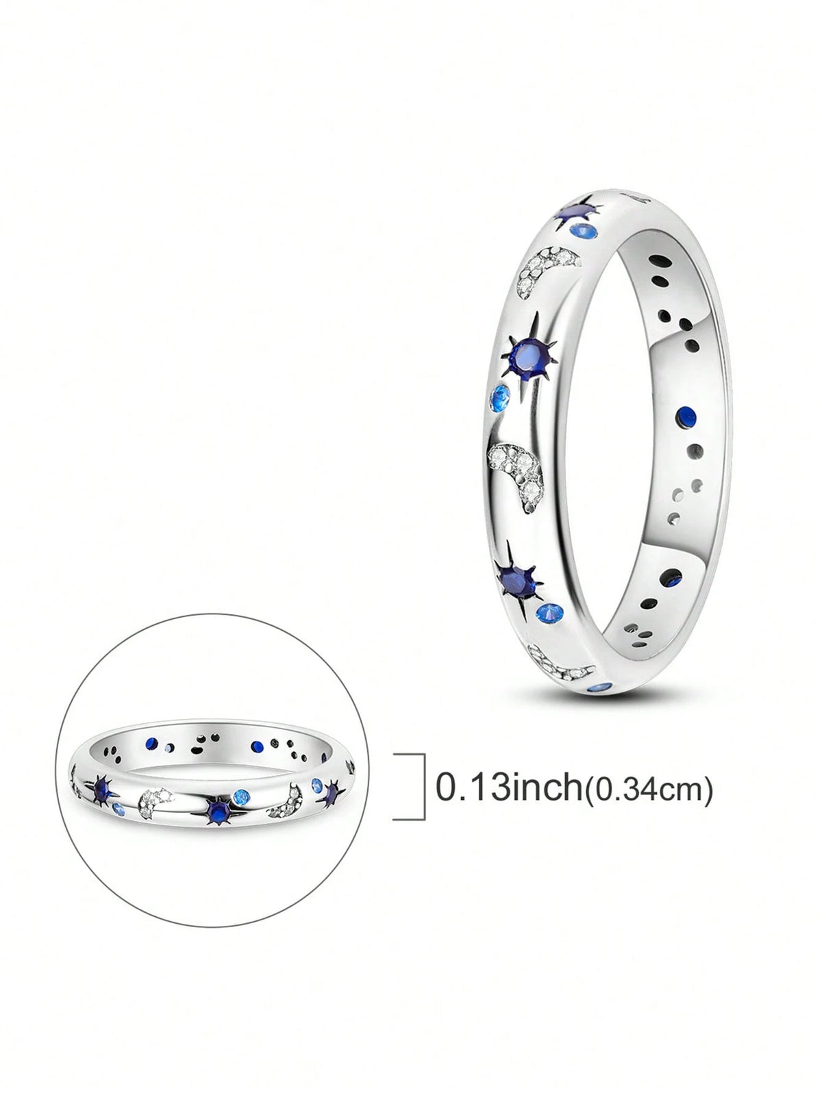 1 Pc Original 925 Sterling Silver Rings For Women 4-10 Sizes Class Star Moon Pattern Cubic Zirconia Stackable Elegance Jewelry Gifts Fits Daily Party
