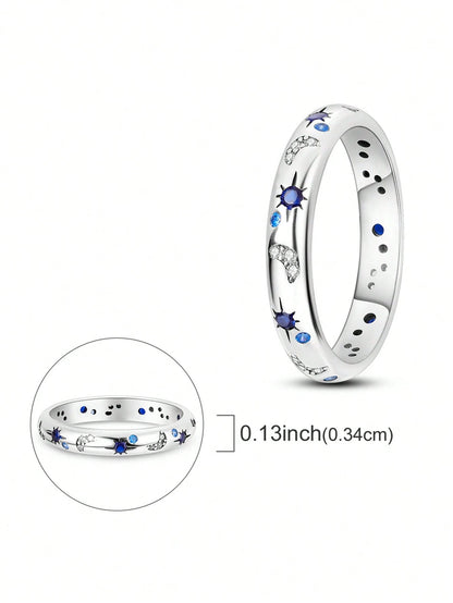 1 Pc Original 925 Sterling Silver Rings For Women 4-10 Sizes Class Star Moon Pattern Cubic Zirconia Stackable Elegance Jewelry Gifts Fits Daily Party