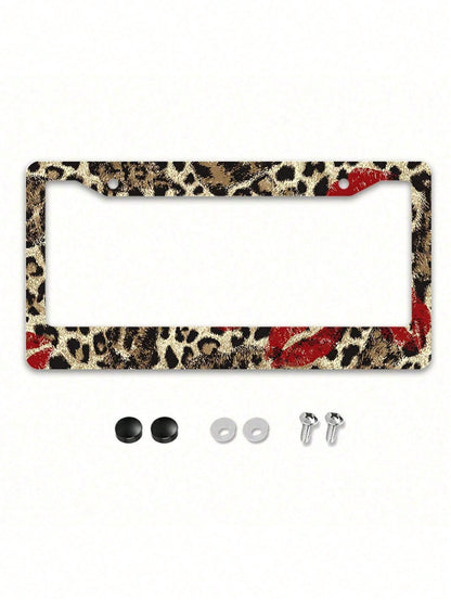 1 Piece 12.2 X 6.3inch, Metal License Plate Frame, Featuring A Fun Leopard Print Design With A Bright Red Lipstick Print As A Highlight,License Plate,Car Must Haves,Car Decor,Car Cover,Car Acessesori