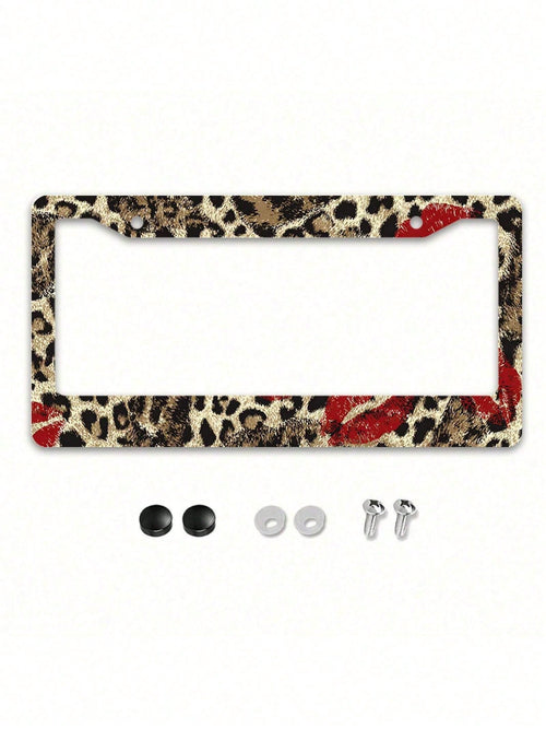 1 Piece 12.2 X 6.3inch, Metal License Plate Frame, Featuring A Fun Leopard Print Design With A Bright Red Lipstick Print As A Highlight,License Plate,Car Must Haves,Car Decor,Car Cover,Car Acessesori