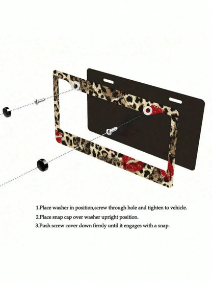 1 Piece 12.2 X 6.3inch, Metal License Plate Frame, Featuring A Fun Leopard Print Design With A Bright Red Lipstick Print As A Highlight,License Plate,Car Must Haves,Car Decor,Car Cover,Car Acessesori
