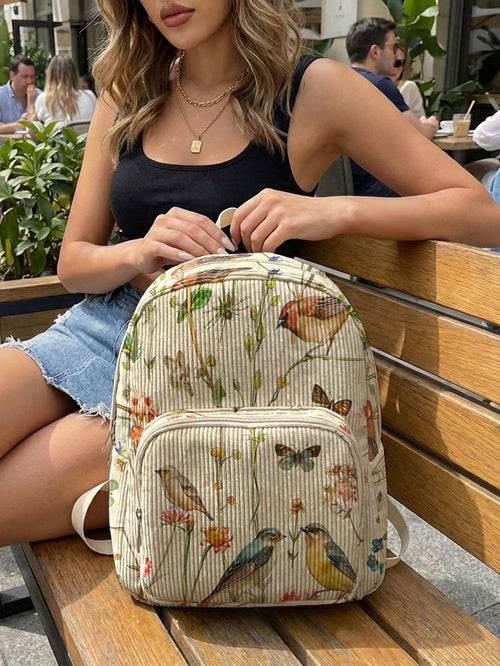 1 Piece Backpack, Women's Mini Backpack, Corduroy Girls School Bag, Travel Storage Bag, Bird Print Design, Large Capacity, Foldable & Easy To Store, Lightweight For Reducing Burden, Multi-Pocket Layer