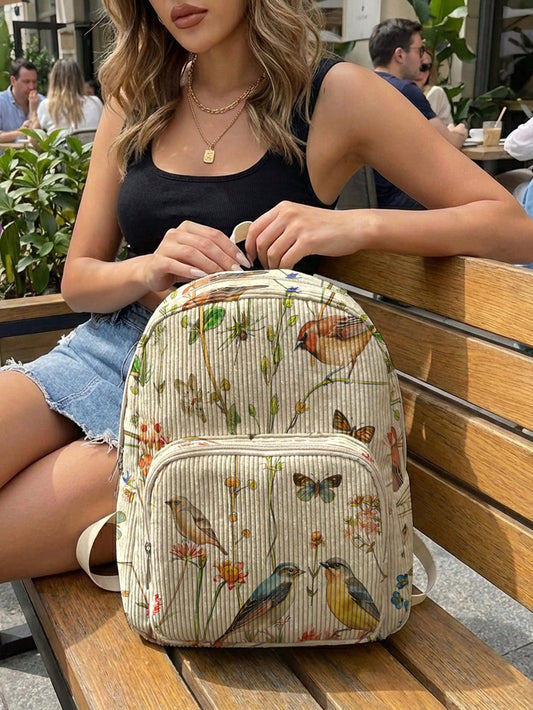 1 Piece Backpack, Women's Mini Backpack, Corduroy Girls School Bag, Travel Storage Bag, Bird Print Design, Large Capacity, Foldable & Easy To Store, Lightweight For Reducing Burden, Multi-Pocket Layer