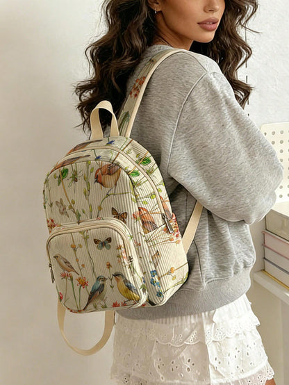1 Piece Backpack, Women's Mini Backpack, Corduroy Girls School Bag, Travel Storage Bag, Bird Print Design, Large Capacity, Foldable & Easy To Store, Lightweight For Reducing Burden, Multi-Pocket Layer
