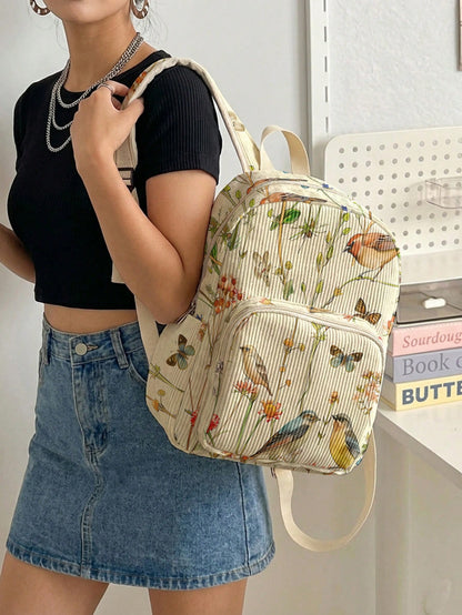 1 Piece Backpack, Women's Mini Backpack, Corduroy Girls School Bag, Travel Storage Bag, Bird Print Design, Large Capacity, Foldable & Easy To Store, Lightweight For Reducing Burden, Multi-Pocket Layer