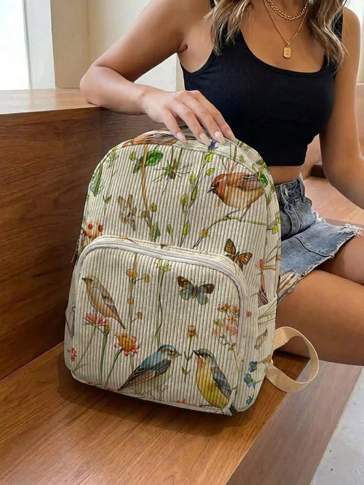 1 Piece Backpack, Women's Mini Backpack, Corduroy Girls School Bag, Travel Storage Bag, Bird Print Design, Large Capacity, Foldable & Easy To Store, Lightweight For Reducing Burden, Multi-Pocket Layer
