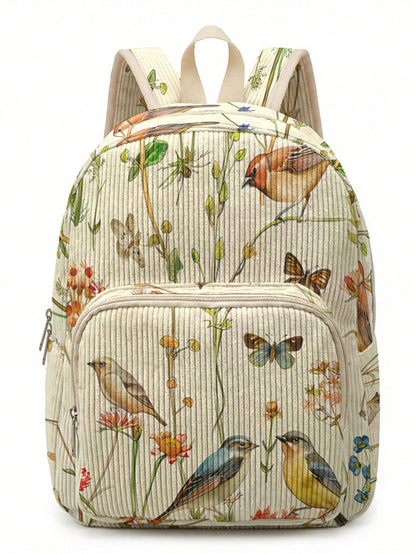 1 Piece Backpack, Women's Mini Backpack, Corduroy Girls School Bag, Travel Storage Bag, Bird Print Design, Large Capacity, Foldable & Easy To Store, Lightweight For Reducing Burden, Multi-Pocket Layer