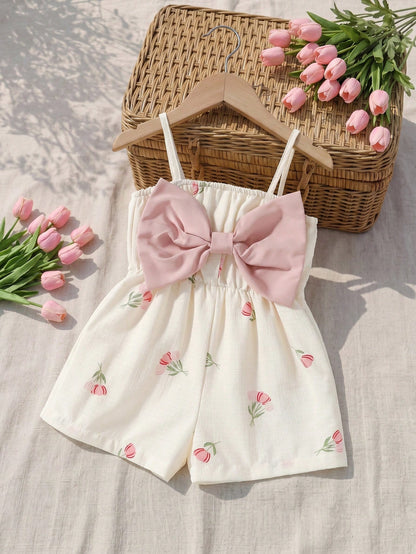 1-Piece Cute Baby Girl: Casual, Simple, And Adorable Striped Romper With All-Over Print And Bow. Suitable For Birthday Parties, Evening Parties, Performances, Weddings, Baptisms, Opening Ceremonies, E