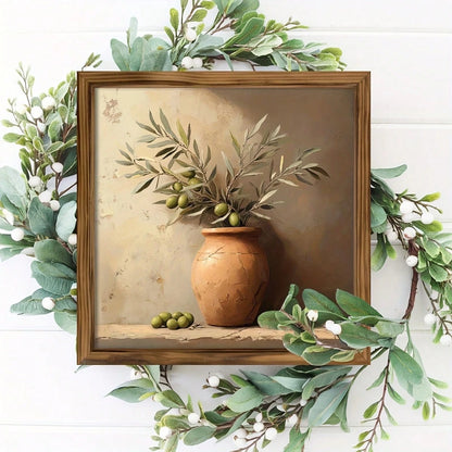 1 Piece Of Wall Art Depicting A Still Life Of Rural Olive Trees, Size 8X 8inch, Made Of Wood. It Features A Vintage Olive Oil Bottle Design And Is An Ideal Decoration For The Kitchen, Dining Room, Liv