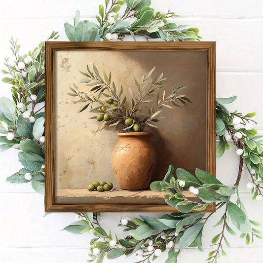 1 Piece Of Wall Art Depicting A Still Life Of Rural Olive Trees, Size 8X 8inch, Made Of Wood. It Features A Vintage Olive Oil Bottle Design And Is An Ideal Decoration For The Kitchen, Dining Room, Liv