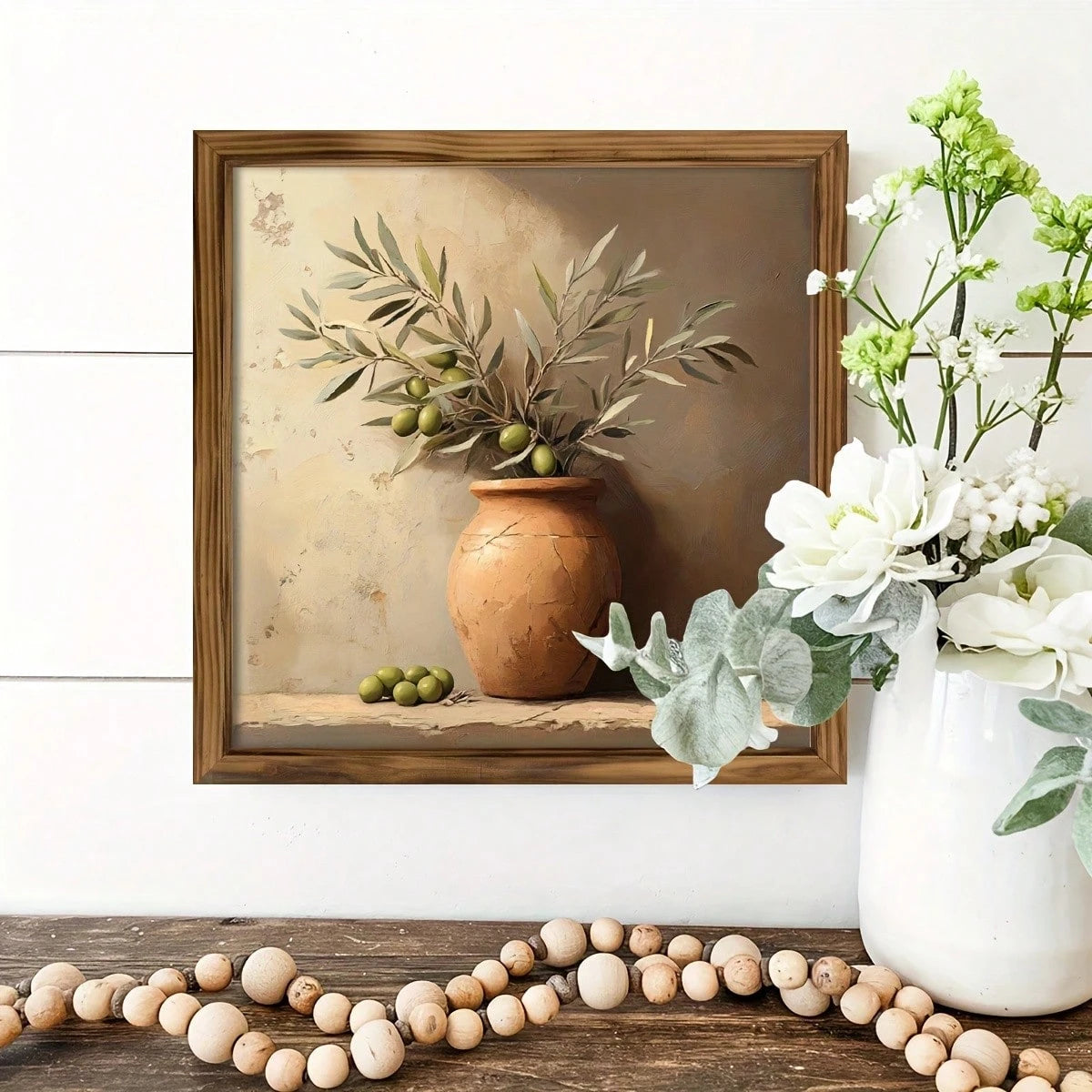 1 Piece Of Wall Art Depicting A Still Life Of Rural Olive Trees, Size 8X 8inch, Made Of Wood. It Features A Vintage Olive Oil Bottle Design And Is An Ideal Decoration For The Kitchen, Dining Room, Liv