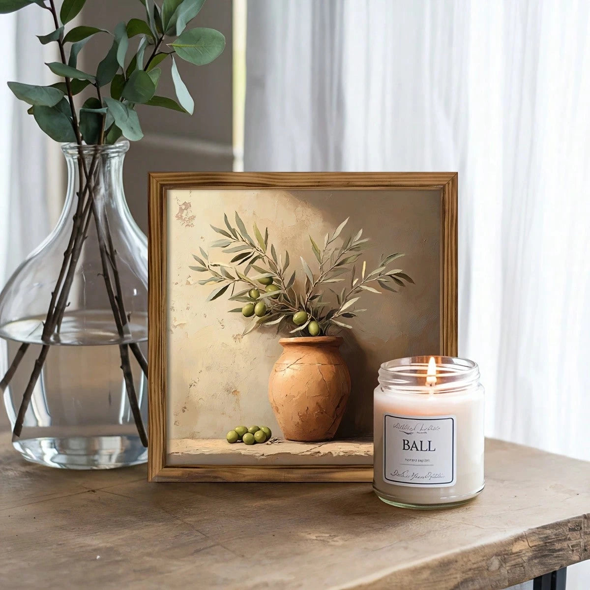 1 Piece Of Wall Art Depicting A Still Life Of Rural Olive Trees, Size 8X 8inch, Made Of Wood. It Features A Vintage Olive Oil Bottle Design And Is An Ideal Decoration For The Kitchen, Dining Room, Liv