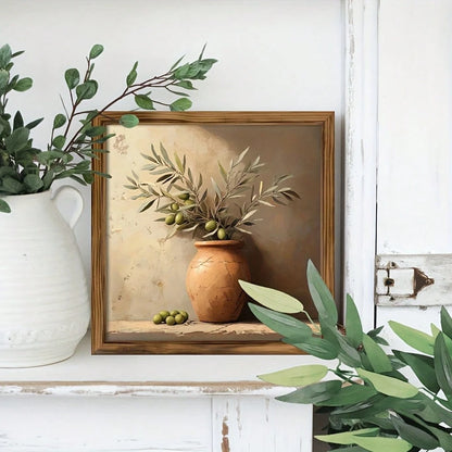 1 Piece Of Wall Art Depicting A Still Life Of Rural Olive Trees, Size 8X 8inch, Made Of Wood. It Features A Vintage Olive Oil Bottle Design And Is An Ideal Decoration For The Kitchen, Dining Room, Liv