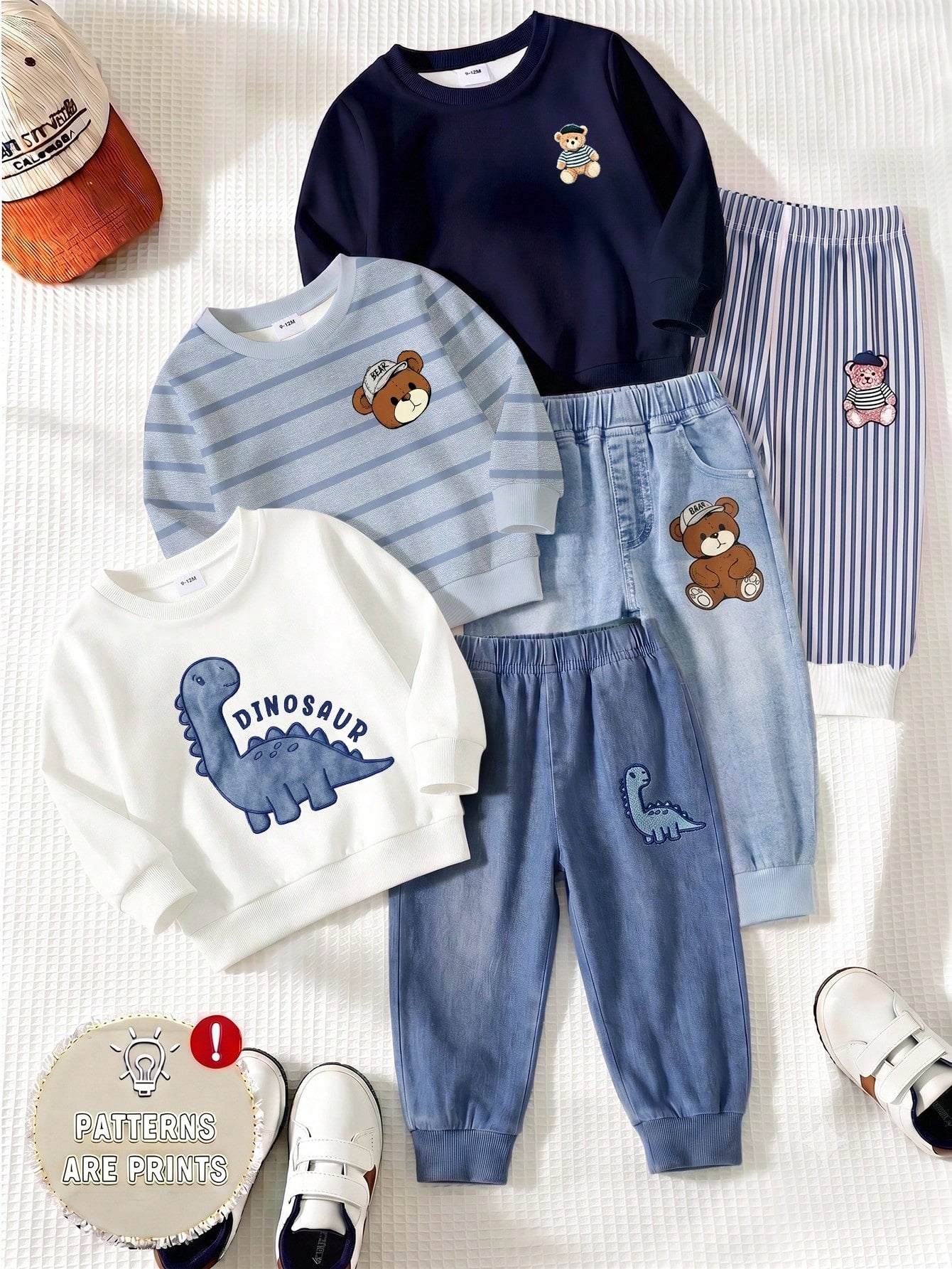1 Random Set,Baby Boy Striped Bear Dinosaur Print Long Sleeve Sweatshirt And Pants Set Fall Autumn Back To School Casual Ribbed Sweaters