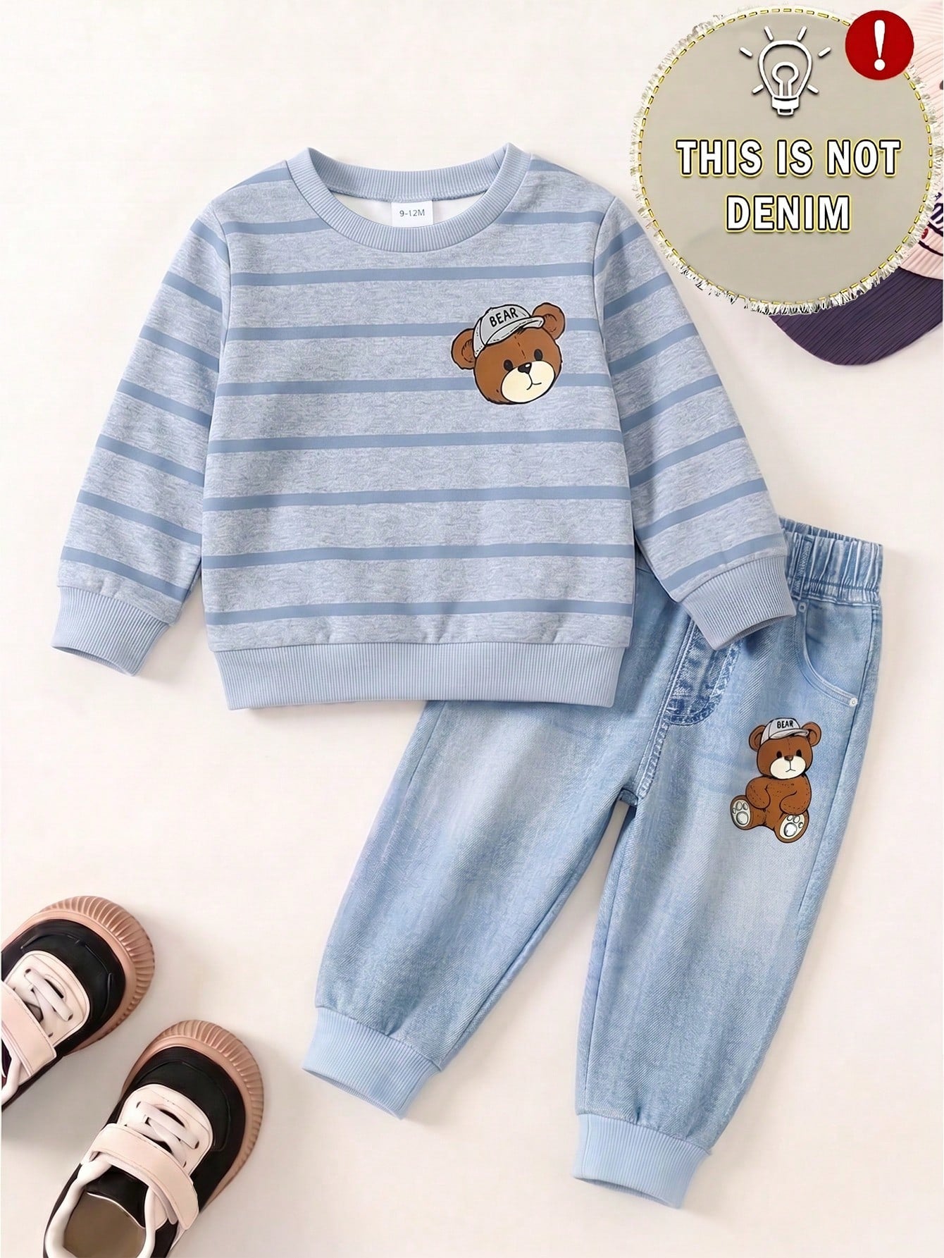 1 Random Set,Baby Boy Striped Bear Dinosaur Print Long Sleeve Sweatshirt And Pants Set Fall Autumn Back To School Casual Ribbed Sweaters