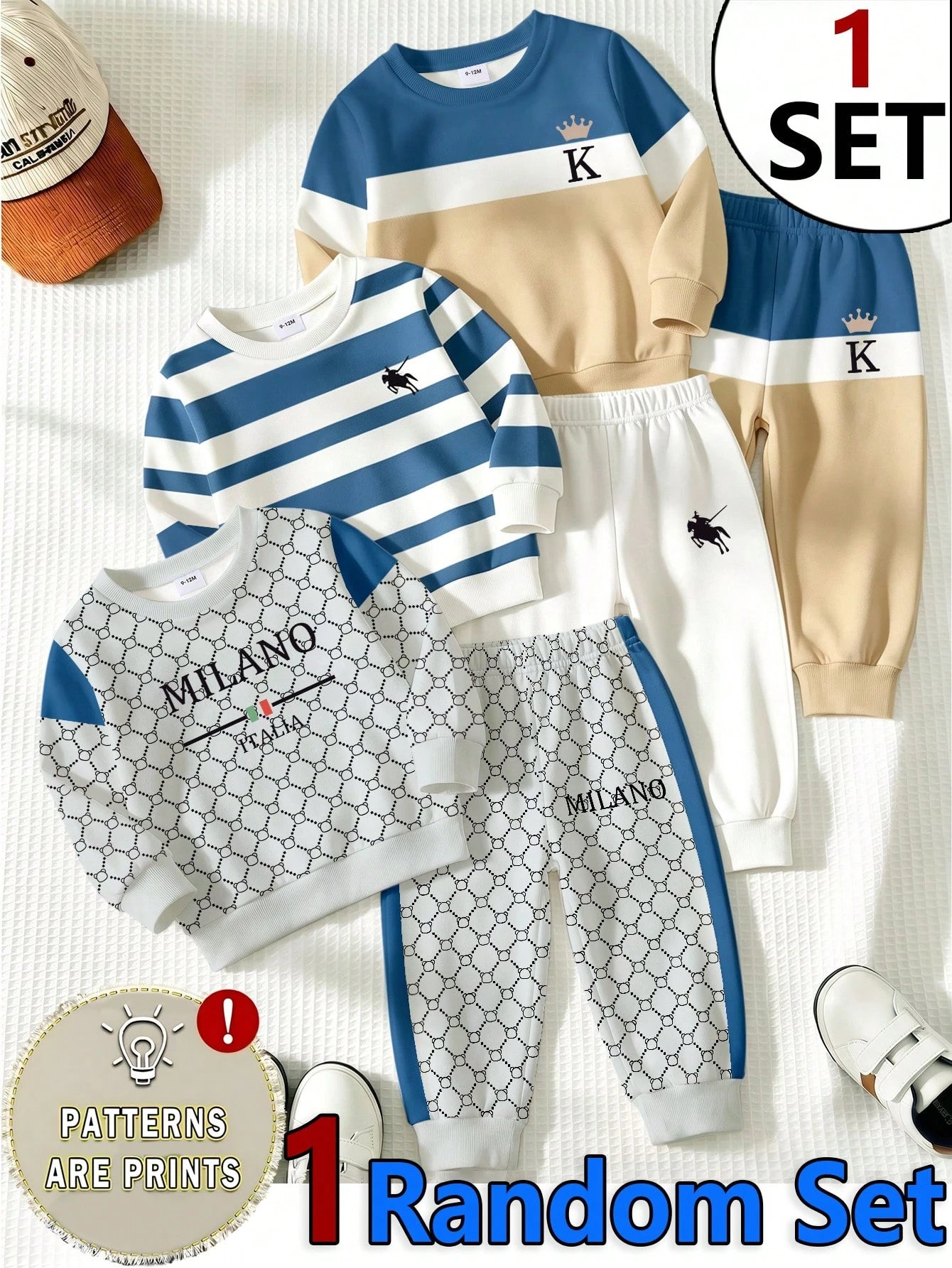1 Random Set,Baby Boy Striped Bear Dinosaur Print Long Sleeve Sweatshirt And Pants Set Fall Autumn Back To School Casual Ribbed Sweaters