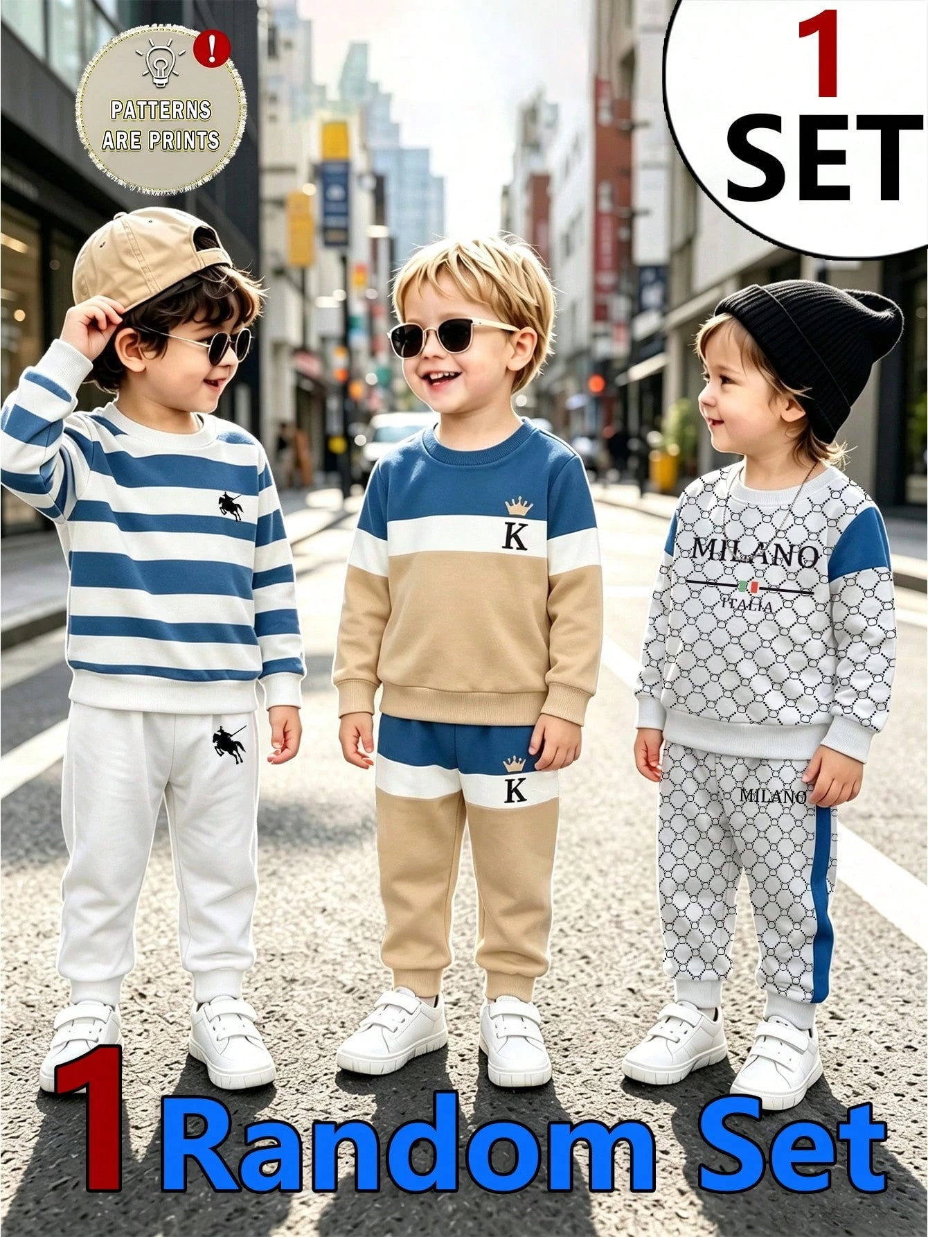 1 Random Set,Baby Boy Striped Bear Dinosaur Print Long Sleeve Sweatshirt And Pants Set Fall Autumn Back To School Casual Ribbed Sweaters