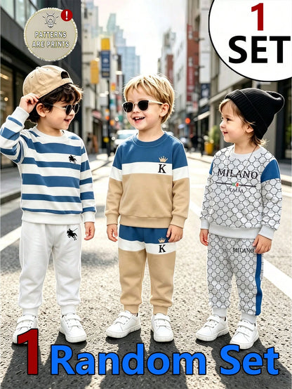 1 Random Set,Baby Boy Striped Bear Dinosaur Print Long Sleeve Sweatshirt And Pants Set Fall Autumn Back To School Casual Ribbed Sweaters