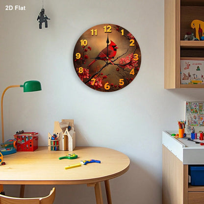 1 Red Bird And Floral Wall Clock- Silent, Non-Ticking Wooden Frame Nursery Clock, 12inch Battery Powered