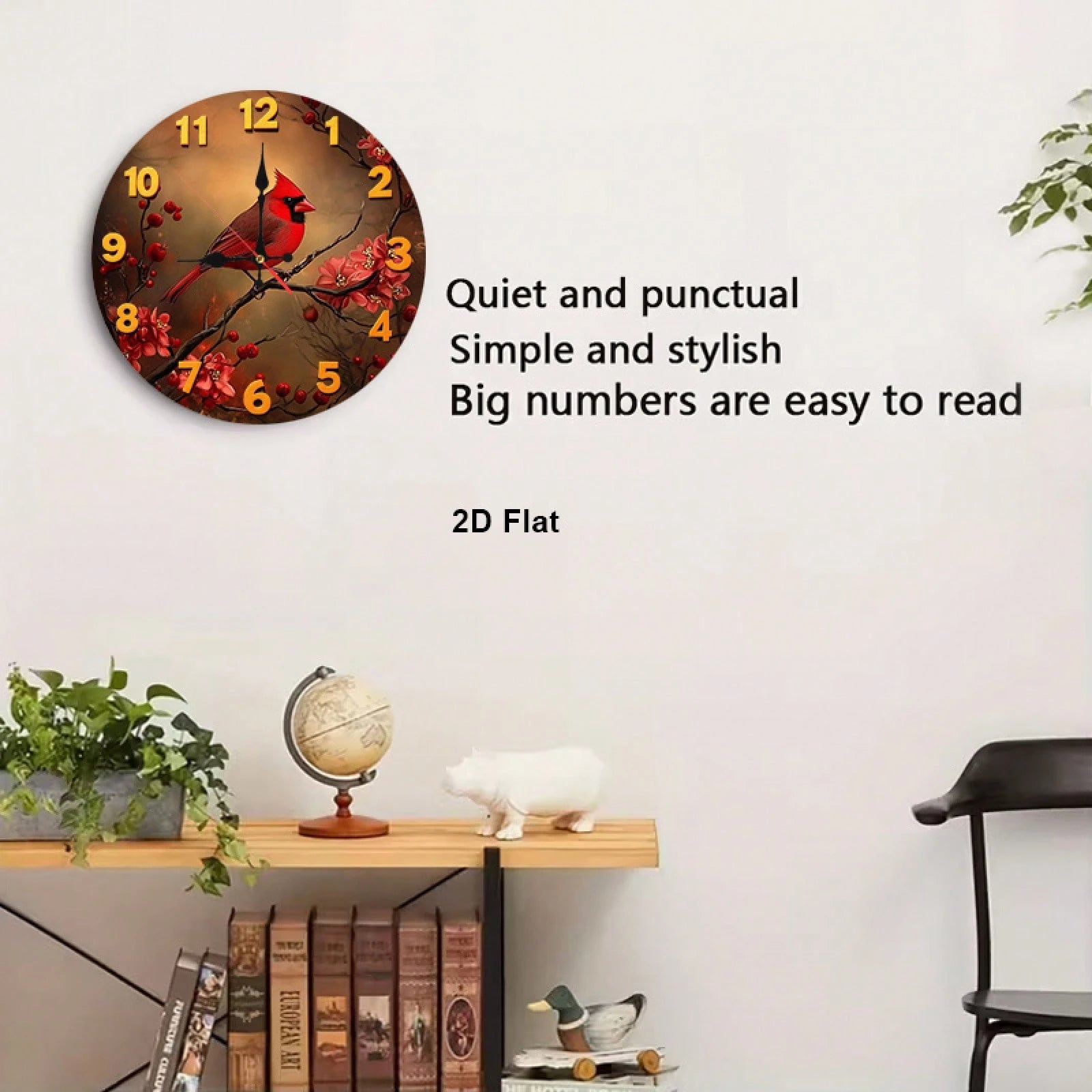1 Red Bird And Floral Wall Clock- Silent, Non-Ticking Wooden Frame Nursery Clock, 12inch Battery Powered