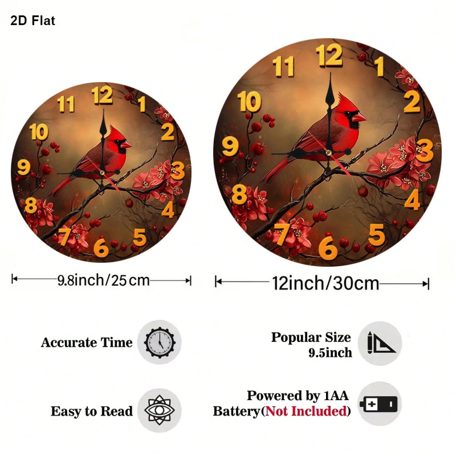 1 Red Bird And Floral Wall Clock- Silent, Non-Ticking Wooden Frame Nursery Clock, 12inch Battery Powered