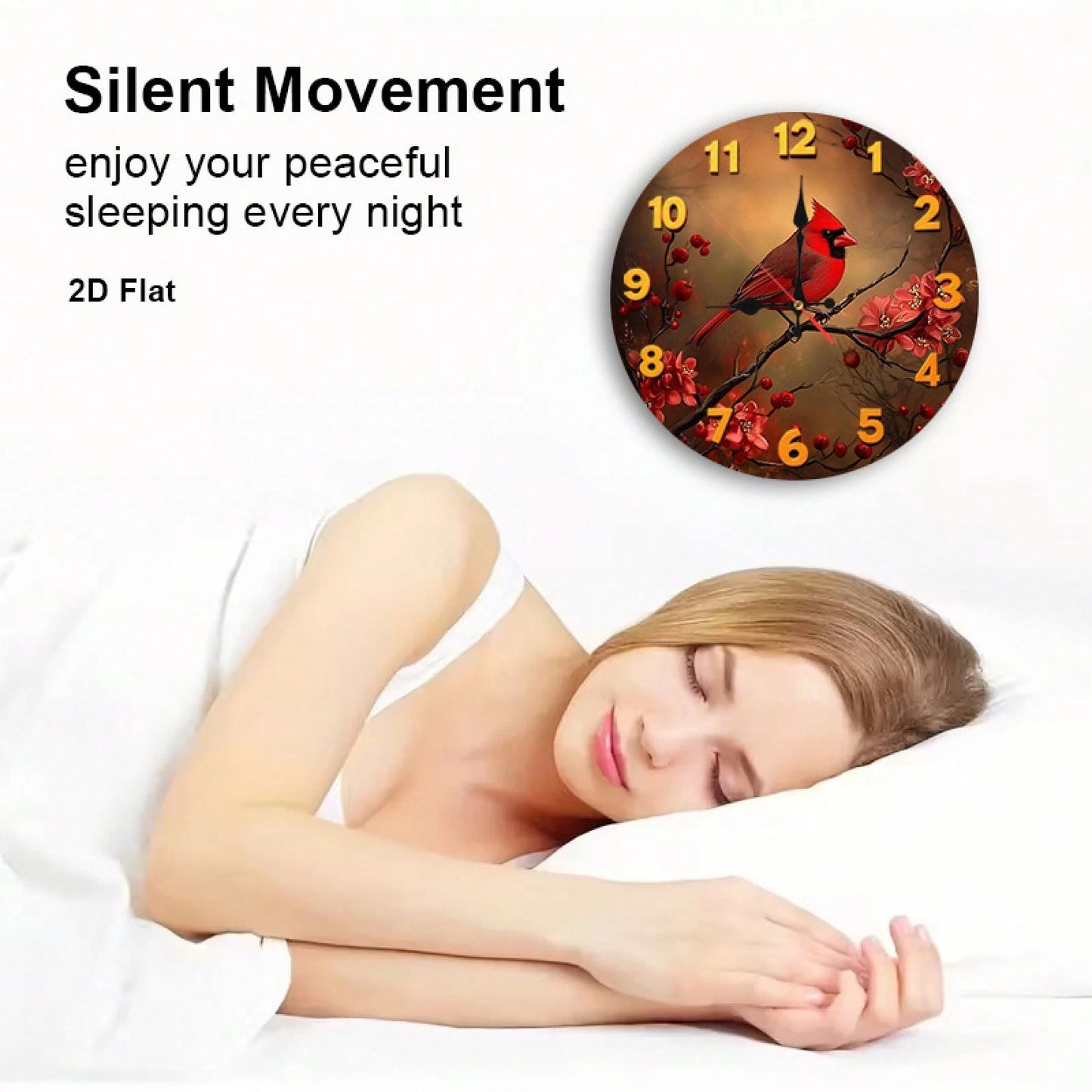1 Red Bird And Floral Wall Clock- Silent, Non-Ticking Wooden Frame Nursery Clock, 12inch Battery Powered
