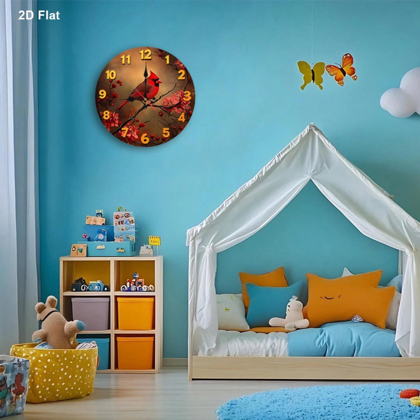 1 Red Bird And Floral Wall Clock- Silent, Non-Ticking Wooden Frame Nursery Clock, 12inch Battery Powered