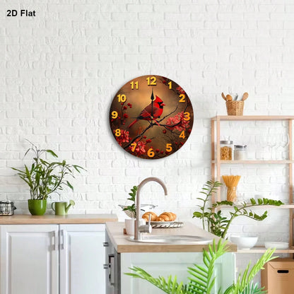 1 Red Bird And Floral Wall Clock- Silent, Non-Ticking Wooden Frame Nursery Clock, 12inch Battery Powered
