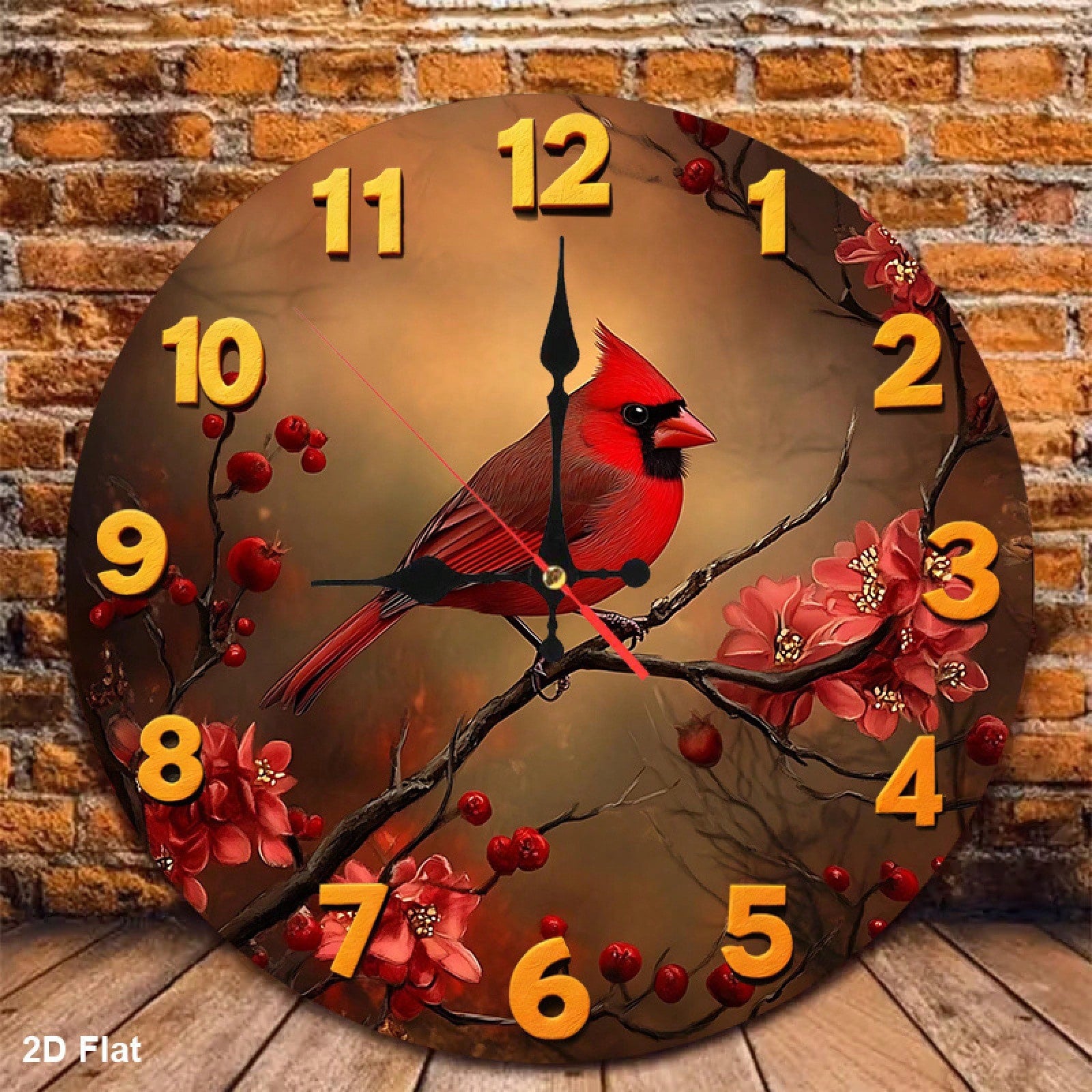 1 Red Bird And Floral Wall Clock- Silent, Non-Ticking Wooden Frame Nursery Clock, 12inch Battery Powered