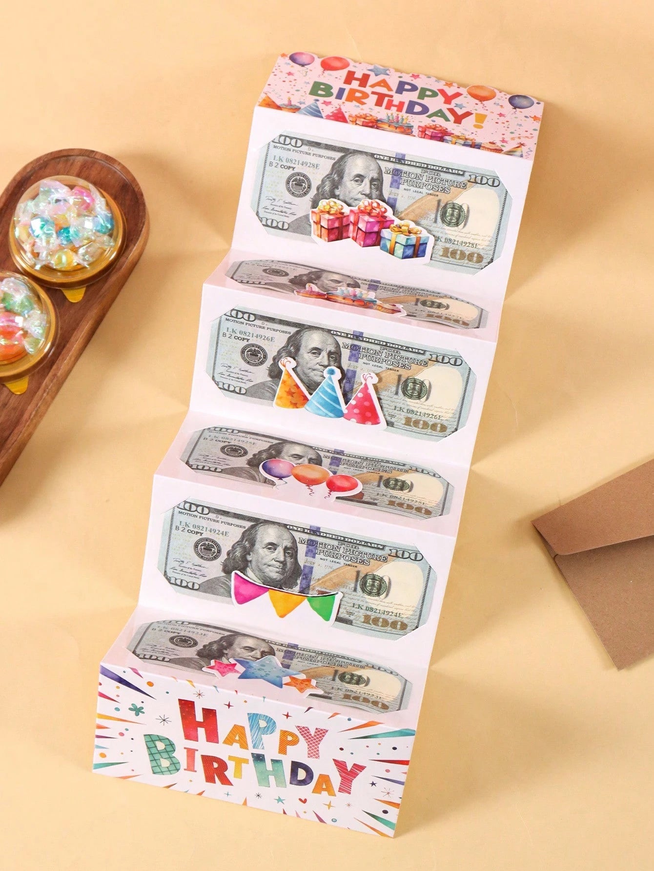 1 Set Birthday Folding Cash Card Envelopes, Colorful Gift Pattern Birthday Party Surprise Cash Gift, Includes 6 Slots, Suitable For Birthday Party Decoration