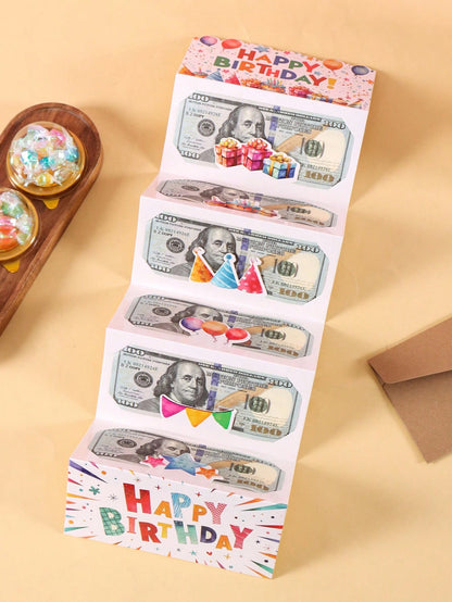 1 Set Birthday Folding Cash Card Envelopes, Colorful Gift Pattern Birthday Party Surprise Cash Gift, Includes 6 Slots, Suitable For Birthday Party Decoration