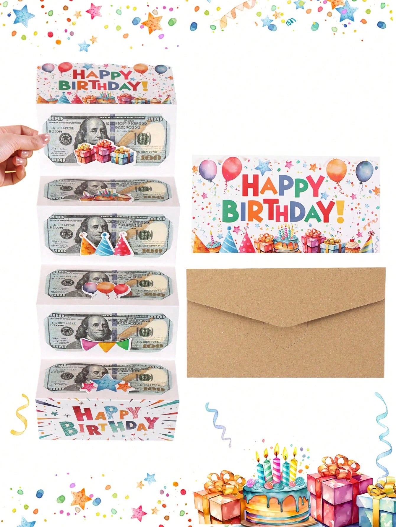 1 Set Birthday Folding Cash Card Envelopes, Colorful Gift Pattern Birthday Party Surprise Cash Gift, Includes 6 Slots, Suitable For Birthday Party Decoration