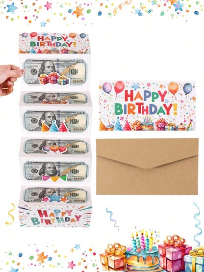 1 Set Birthday Folding Cash Card Envelopes, Colorful Gift Pattern Birthday Party Surprise Cash Gift, Includes 6 Slots, Suitable For Birthday Party Decoration