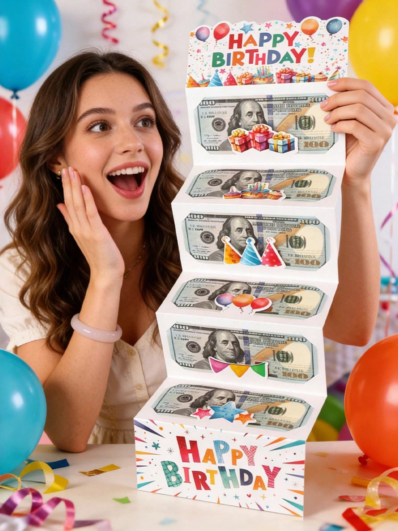 1 Set Birthday Folding Cash Card Envelopes, Colorful Gift Pattern Birthday Party Surprise Cash Gift, Includes 6 Slots, Suitable For Birthday Party Decoration