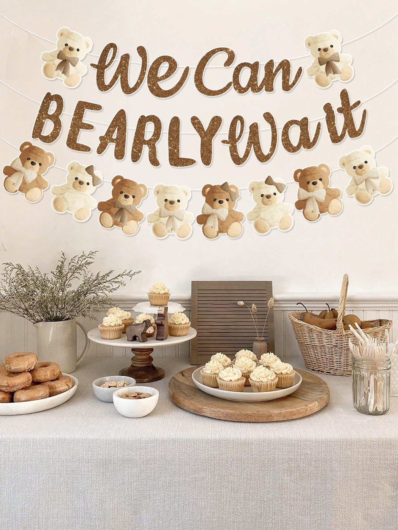 1 Set Brown Bear Baby Shower Reveal Party Decor Hanging Banner, Cute Brown Bear Pattern Gender Reveal Party Background Decor Hanging Streamer, "We Can't Wait" Decor, Baby Christening Party Decoration