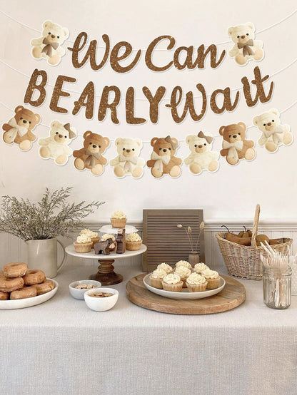 1 Set Brown Bear Baby Shower Reveal Party Decor Hanging Banner, Cute Brown Bear Pattern Gender Reveal Party Background Decor Hanging Streamer, "We Can't Wait" Decor, Baby Christening Party Decoration
